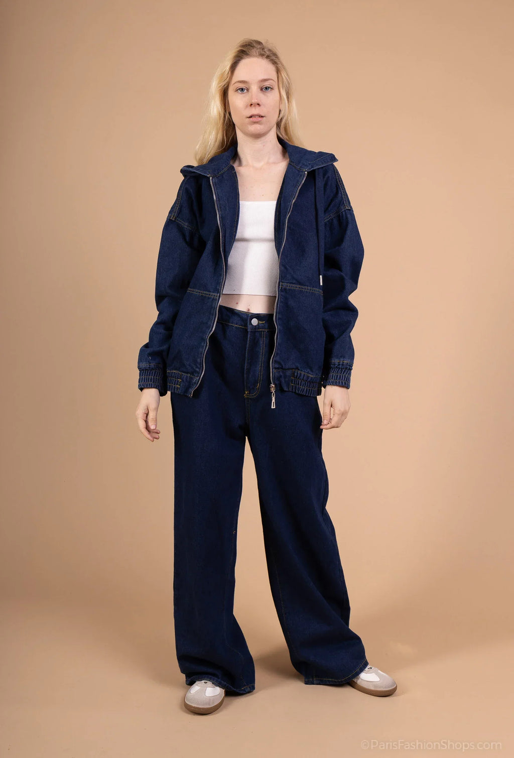 Hooded zip-up jacket + wide-leg denim pants set – casual streetwear look