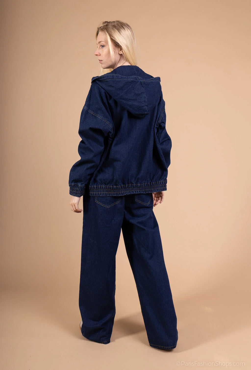 Hooded zip-up jacket + wide-leg denim pants set – casual streetwear look