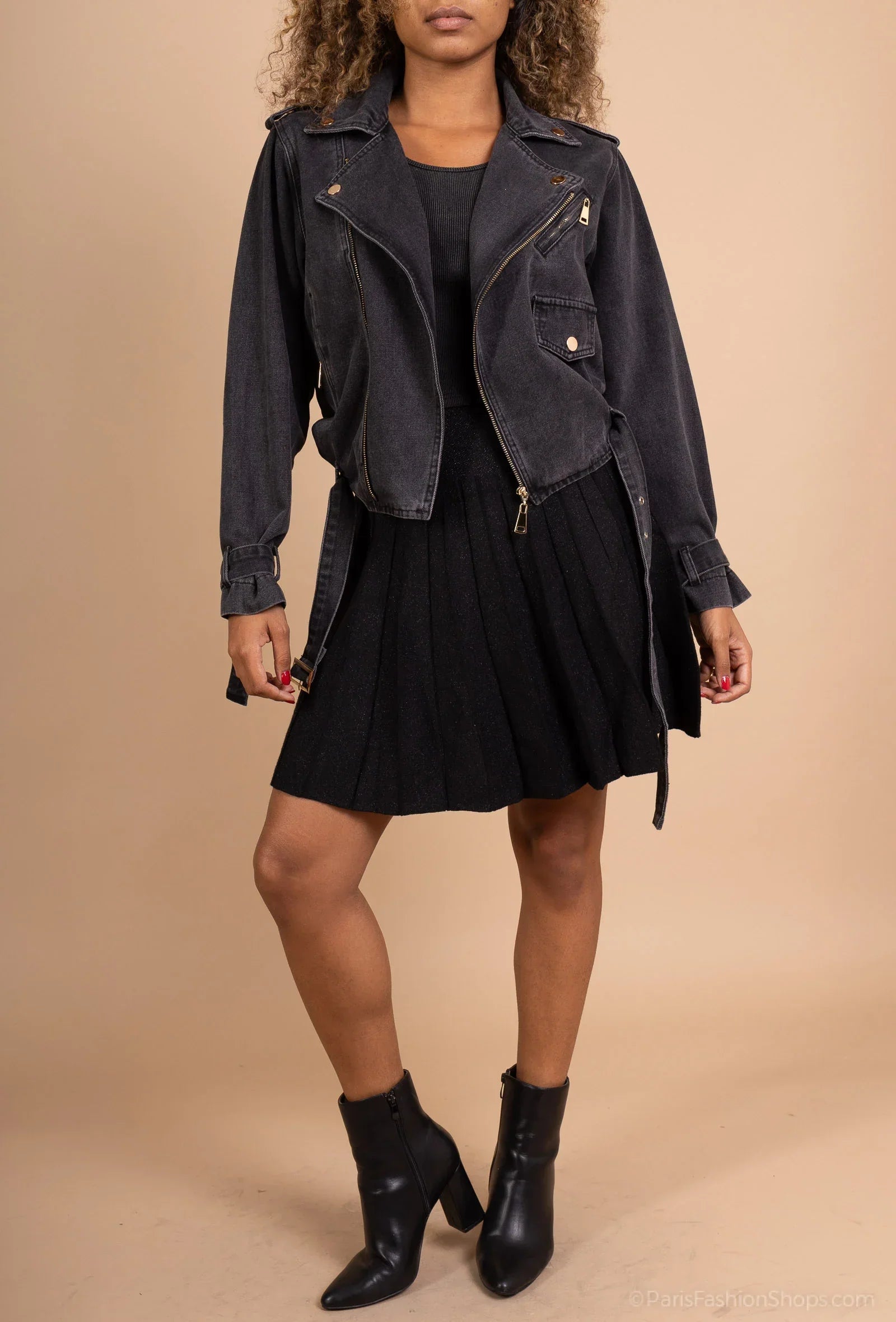 Denim biker jacket with belt and asymmetric zip, rock chic style