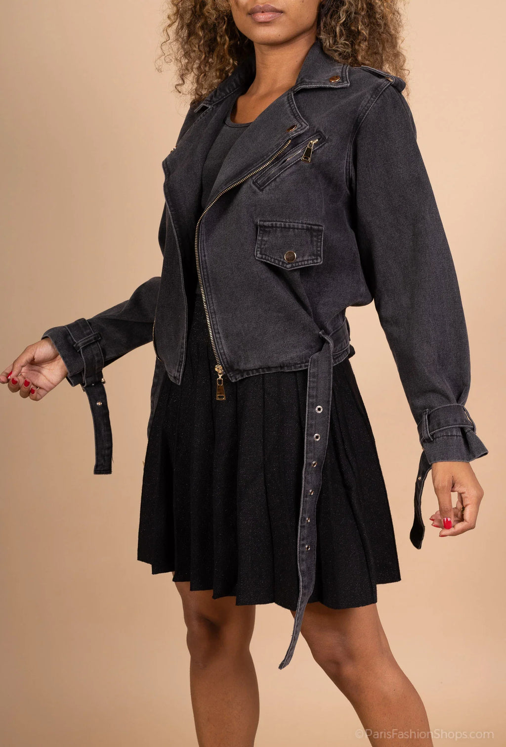 Denim biker jacket with belt and asymmetric zip, rock chic style