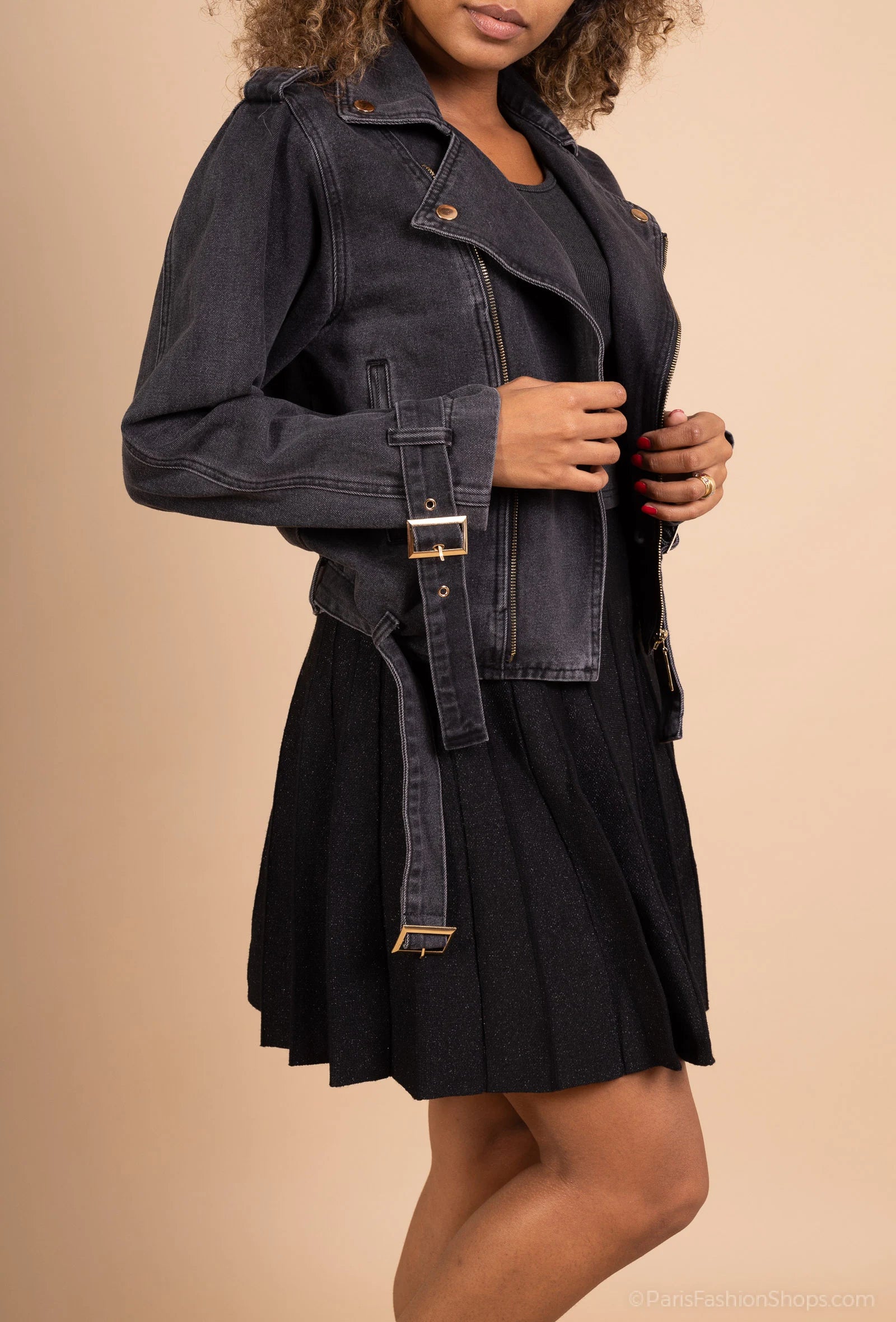 Denim biker jacket with belt and asymmetric zip, rock chic style