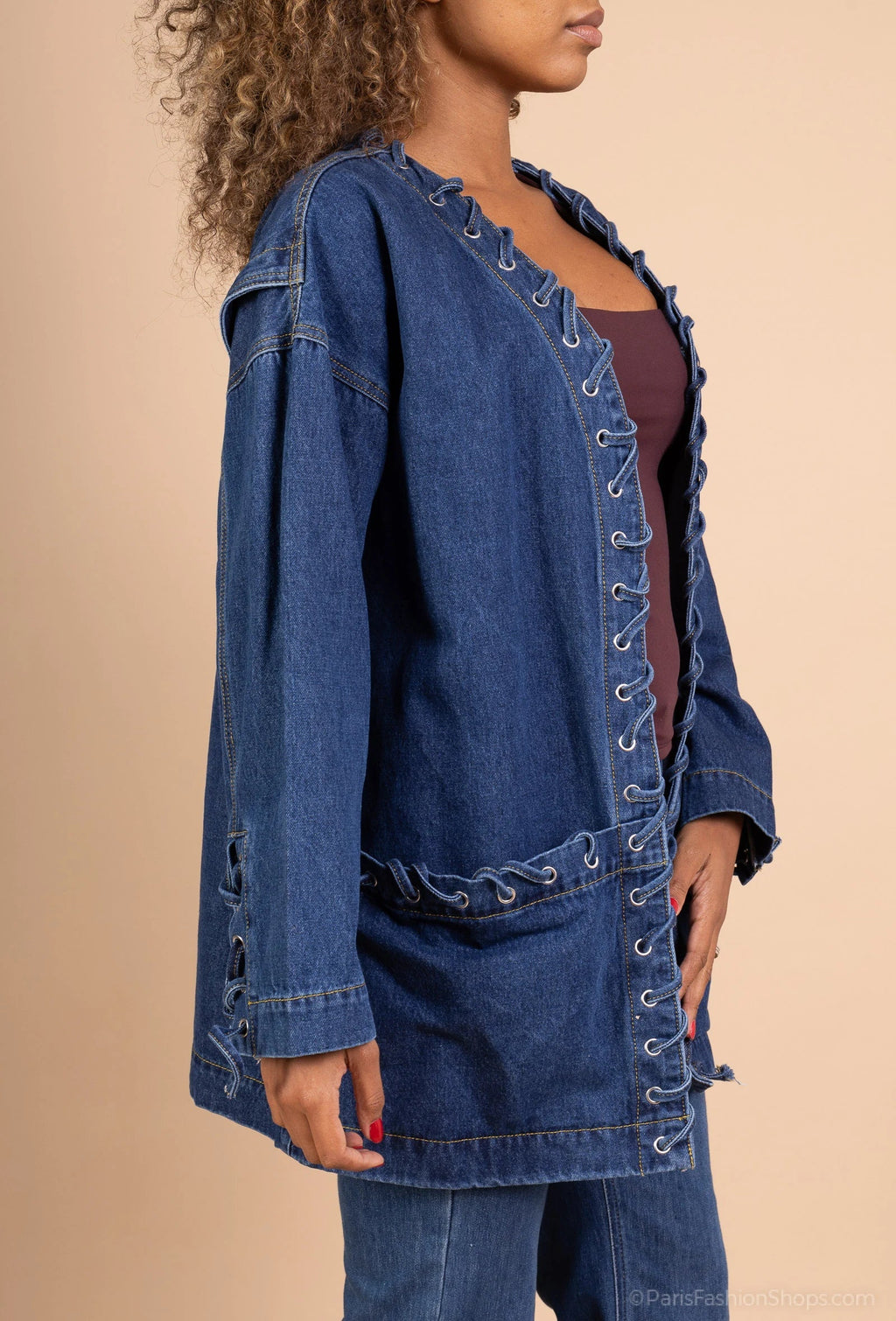 Denim jacket with decorative lacing, trendy relaxed fit