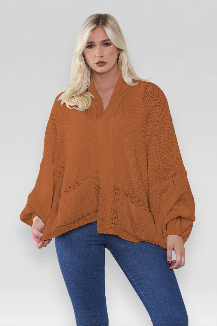 Ladies Oversized Cropped Short Balloon Pocket Chunky Knitted Cardigan
