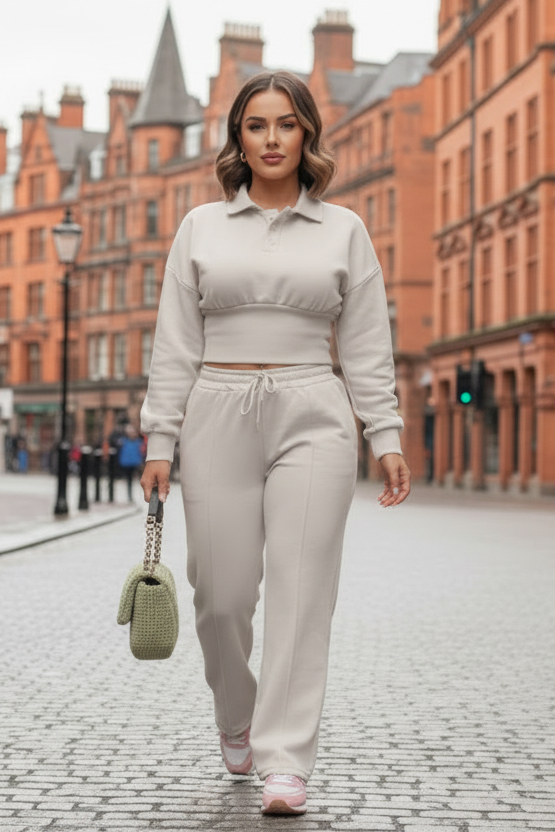 Ladies Two-Piece Collar Co-Ord Set Beige