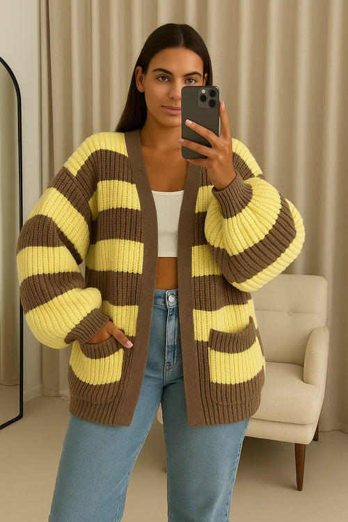 Balloon Sleeves Striped Open Cardigan