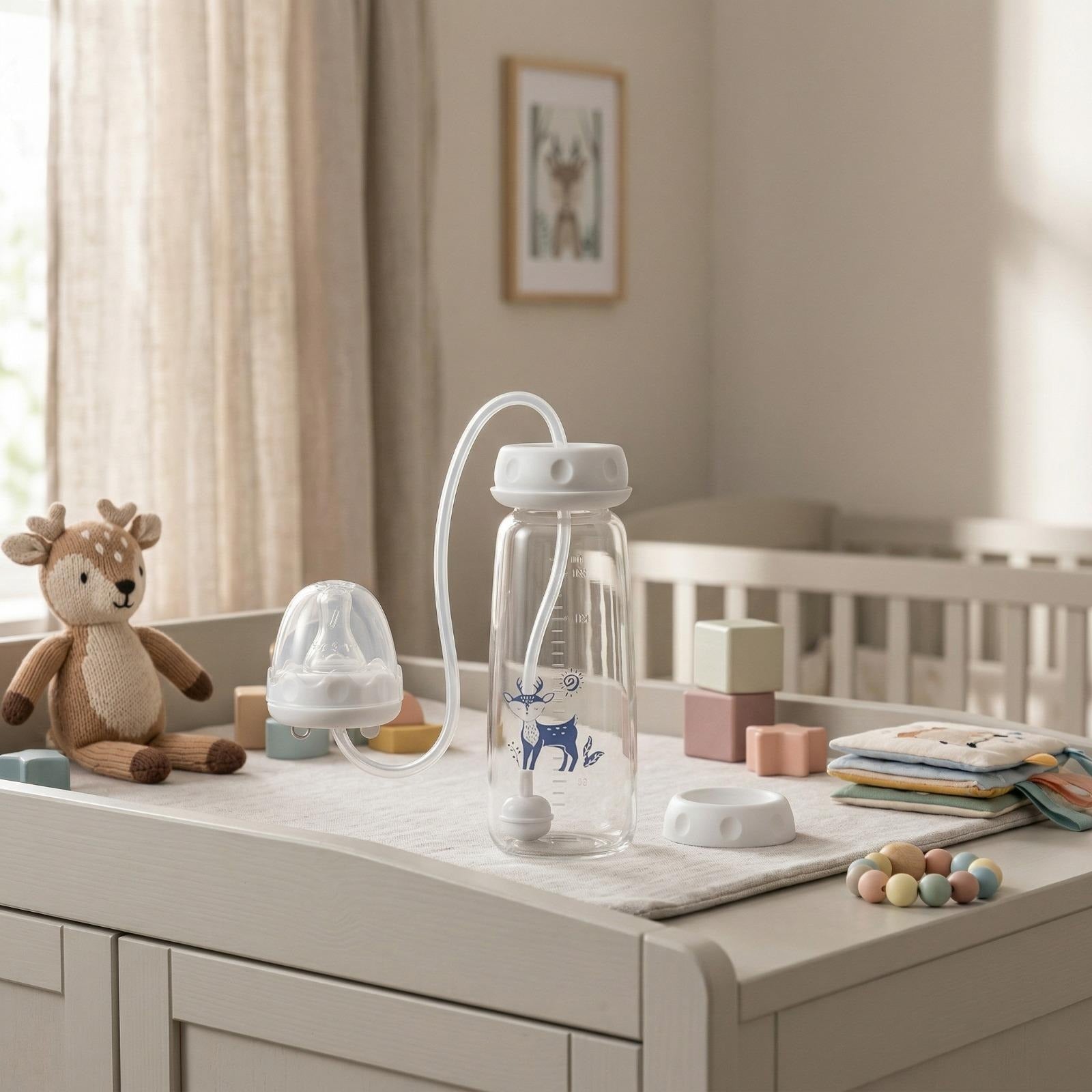 Blue Hands-Free Baby Bottle Feeder – Automatic Milk Feeding, Anti-Spill & Easy to Use