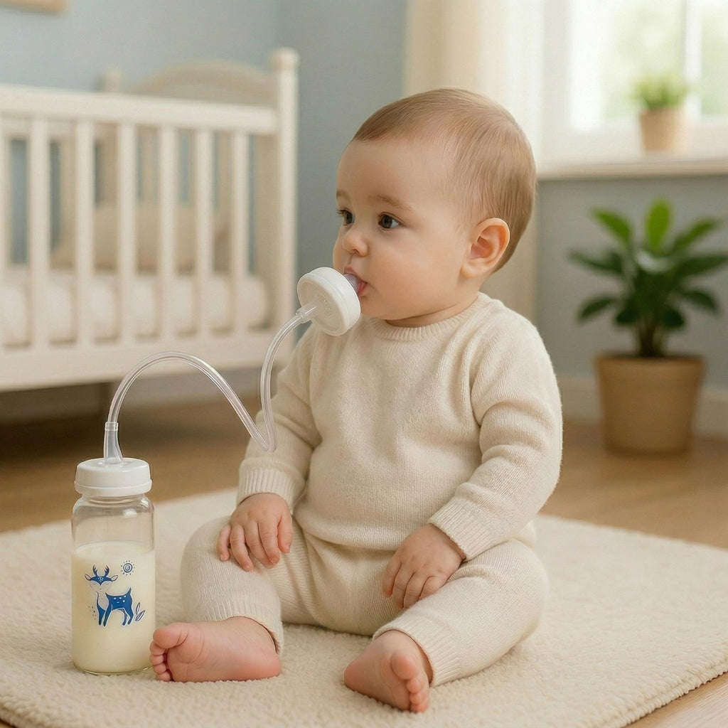Blue Hands-Free Baby Bottle Feeder – Automatic Milk Feeding, Anti-Spill & Easy to Use