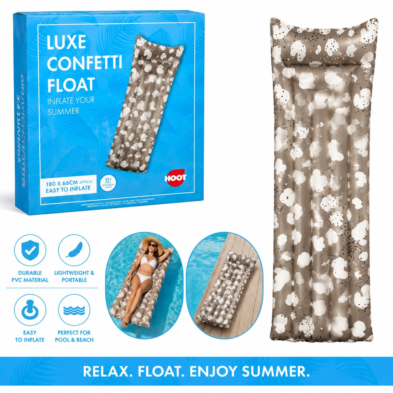 Hoot Luxe Confetti Float 180 × 66cm – Easy to Inflate, Perfect for Summer Fun
