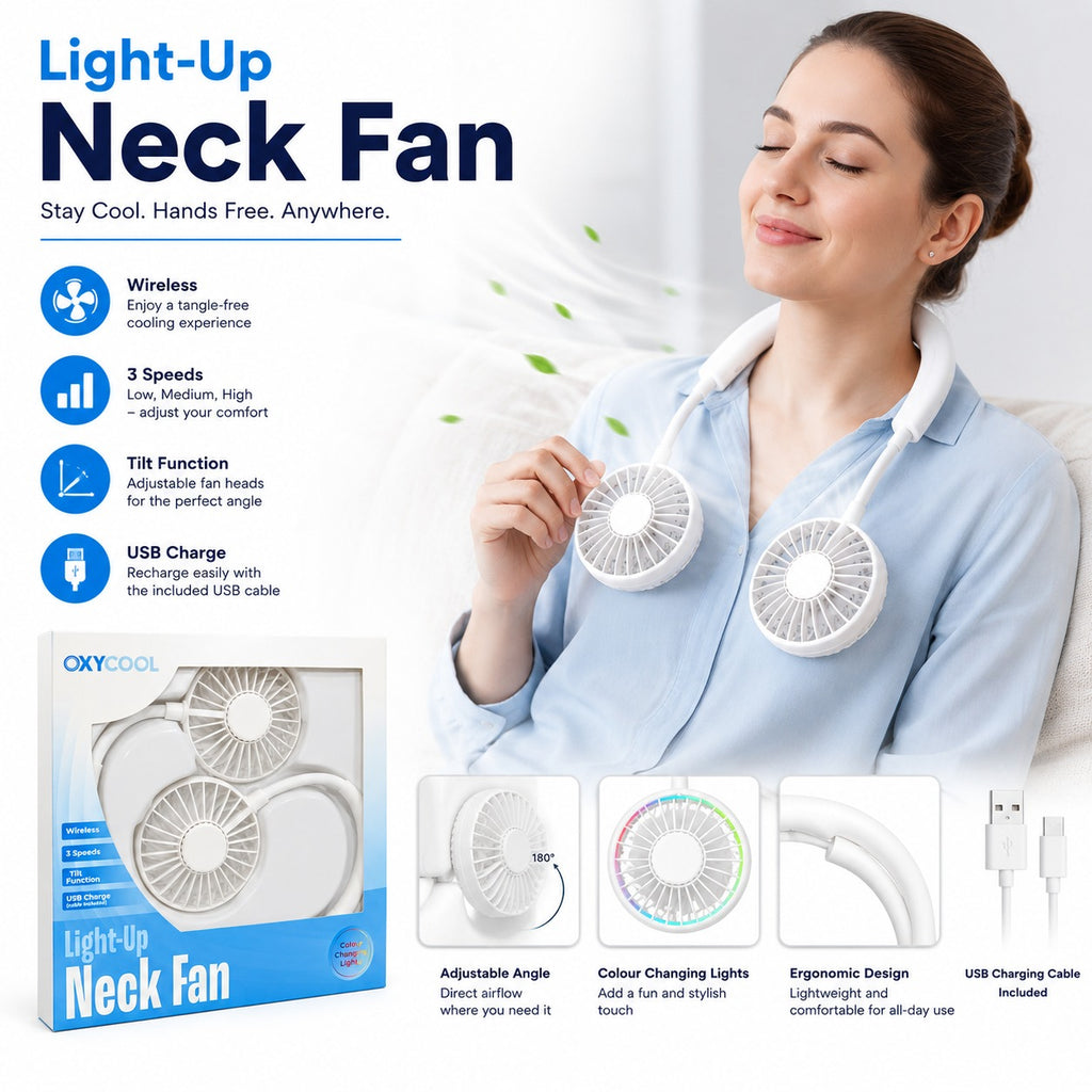Light-Up Neck Fan – Wireless, Hands-Free Cooling with Adjustable Speeds