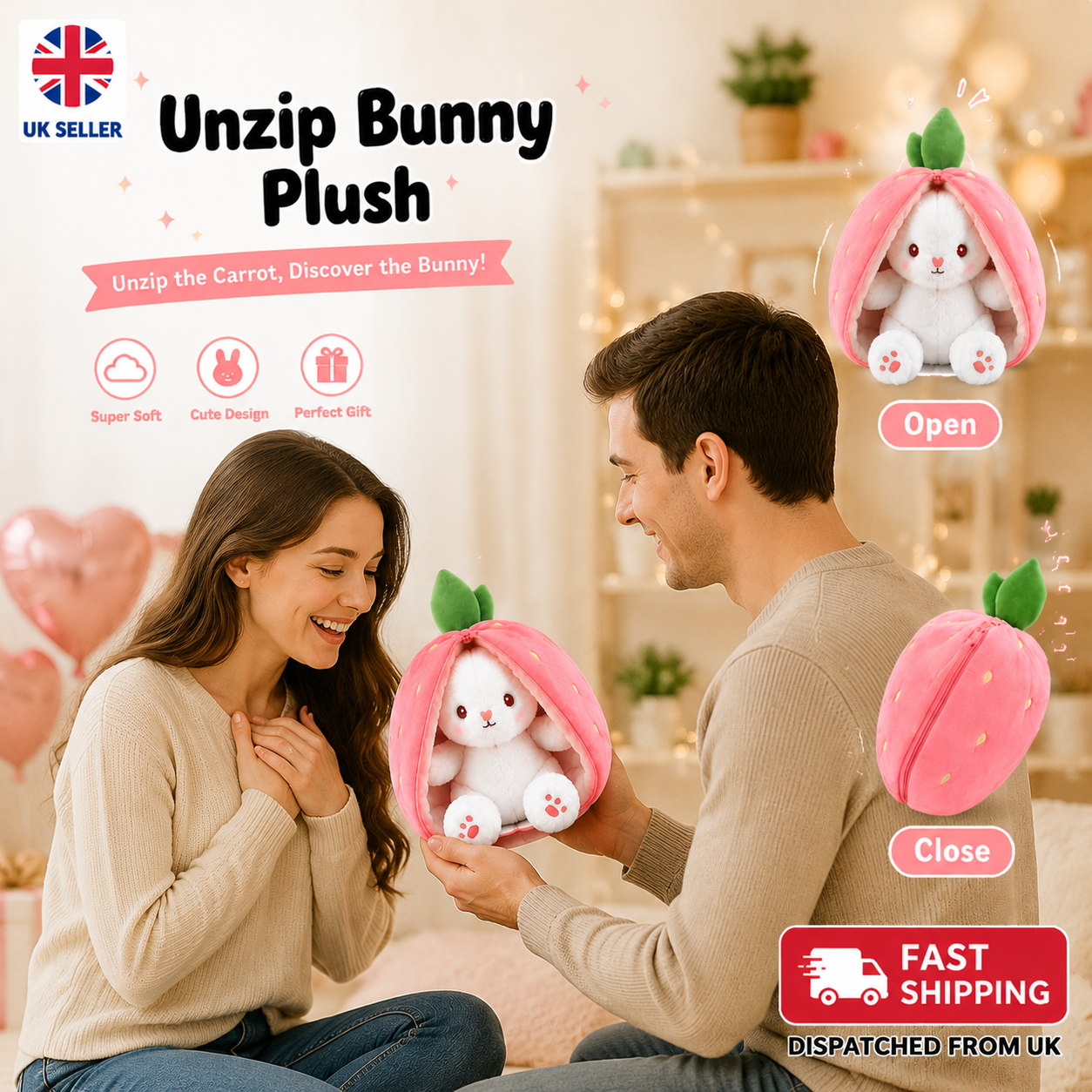 Strawberry Bunny Zip-Up Plush