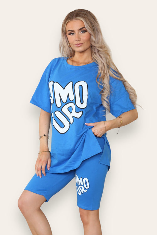 Armour Side Slit Cycling Short and T-Shirts Co-Ord Two Piece Set with Front Love Slogan