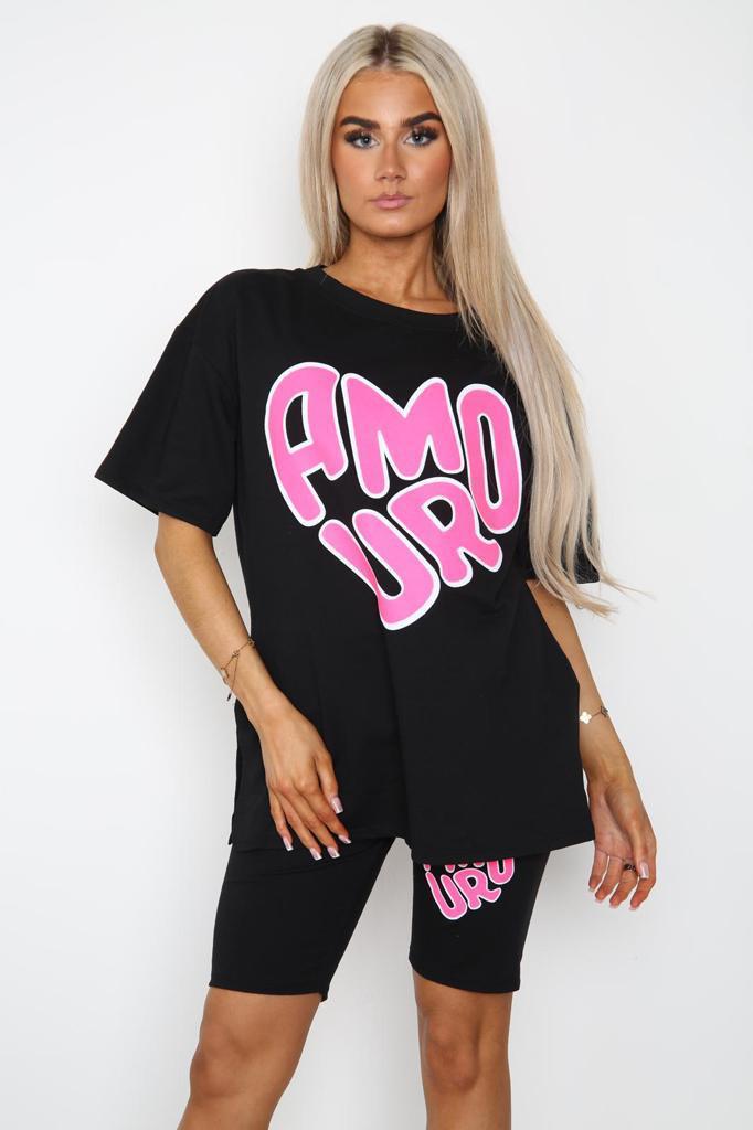 Armour Side Slit Cycling Short and T-Shirts Co-Ord Two Piece Set with Front Love Slogan