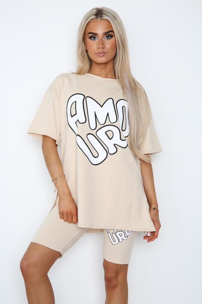 Armour Side Slit Cycling Short and T-Shirts Co-Ord Two Piece Set with Front Love Slogan