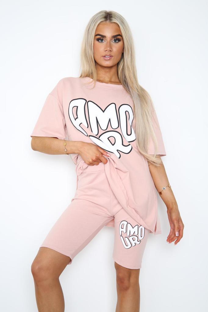 Armour Side Slit Cycling Short and T-Shirts Co-Ord Two Piece Set with Front Love Slogan