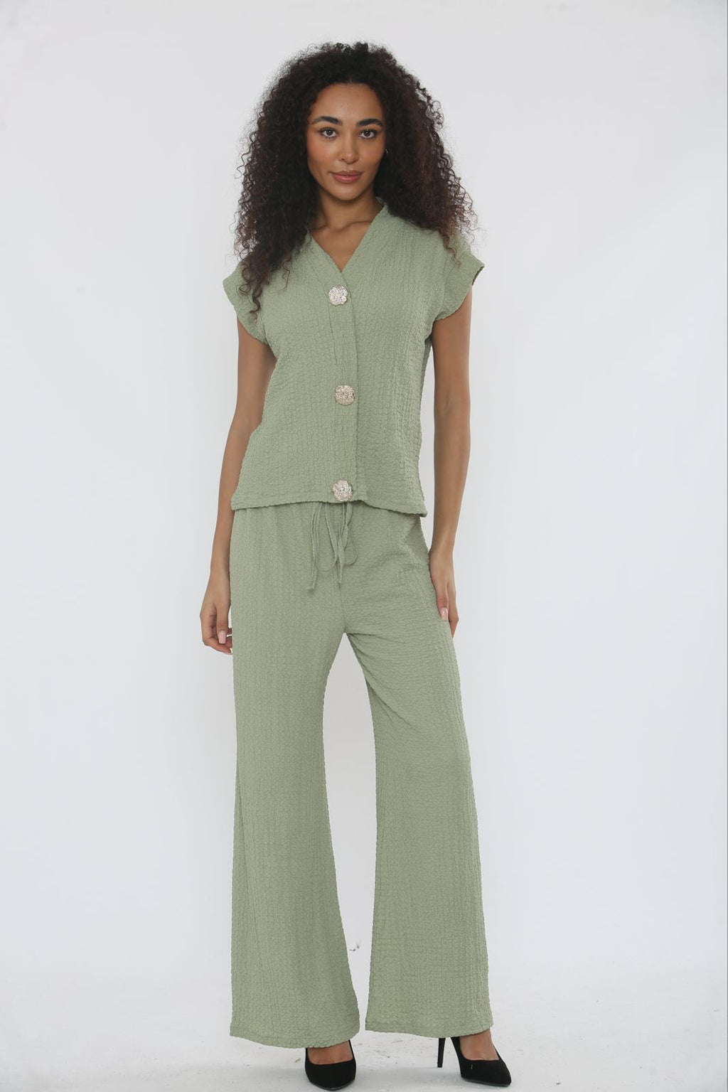 V-Neck Cheesecloth Gold Button Top & Wide Leg Trouser Co-Ord Suit