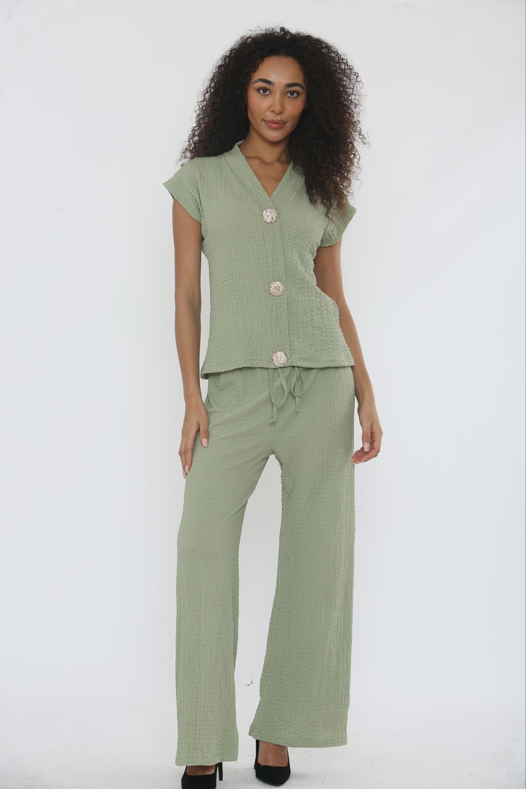 V-Neck Cheesecloth Gold Button Top & Wide Leg Trouser Co-Ord Suit