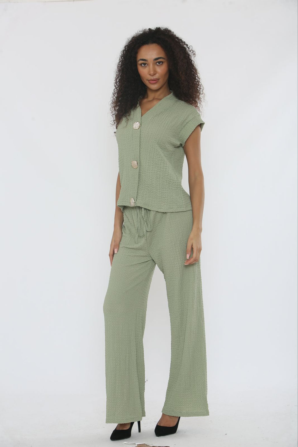 V-Neck Cheesecloth Gold Button Top & Wide Leg Trouser Co-Ord Suit