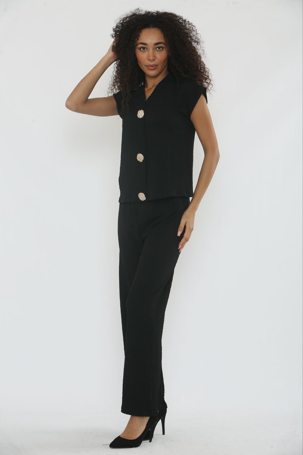 V-Neck Cheesecloth Gold Button Top & Wide Leg Trouser Co-Ord Suit