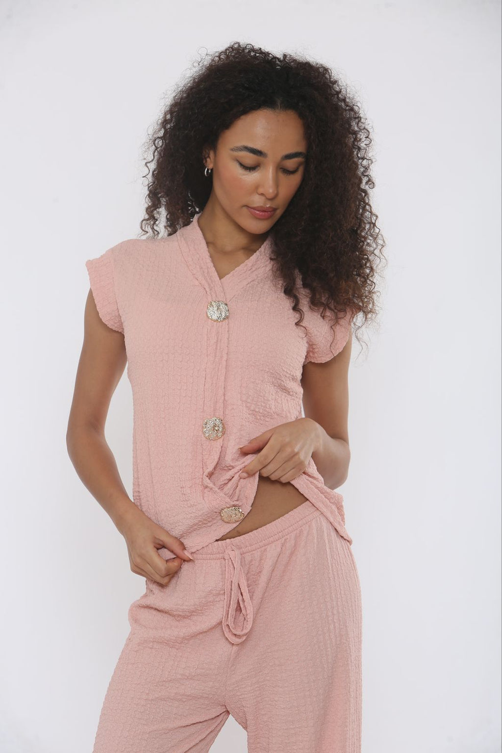 V-Neck Cheesecloth Gold Button Top & Wide Leg Trouser Co-Ord Suit