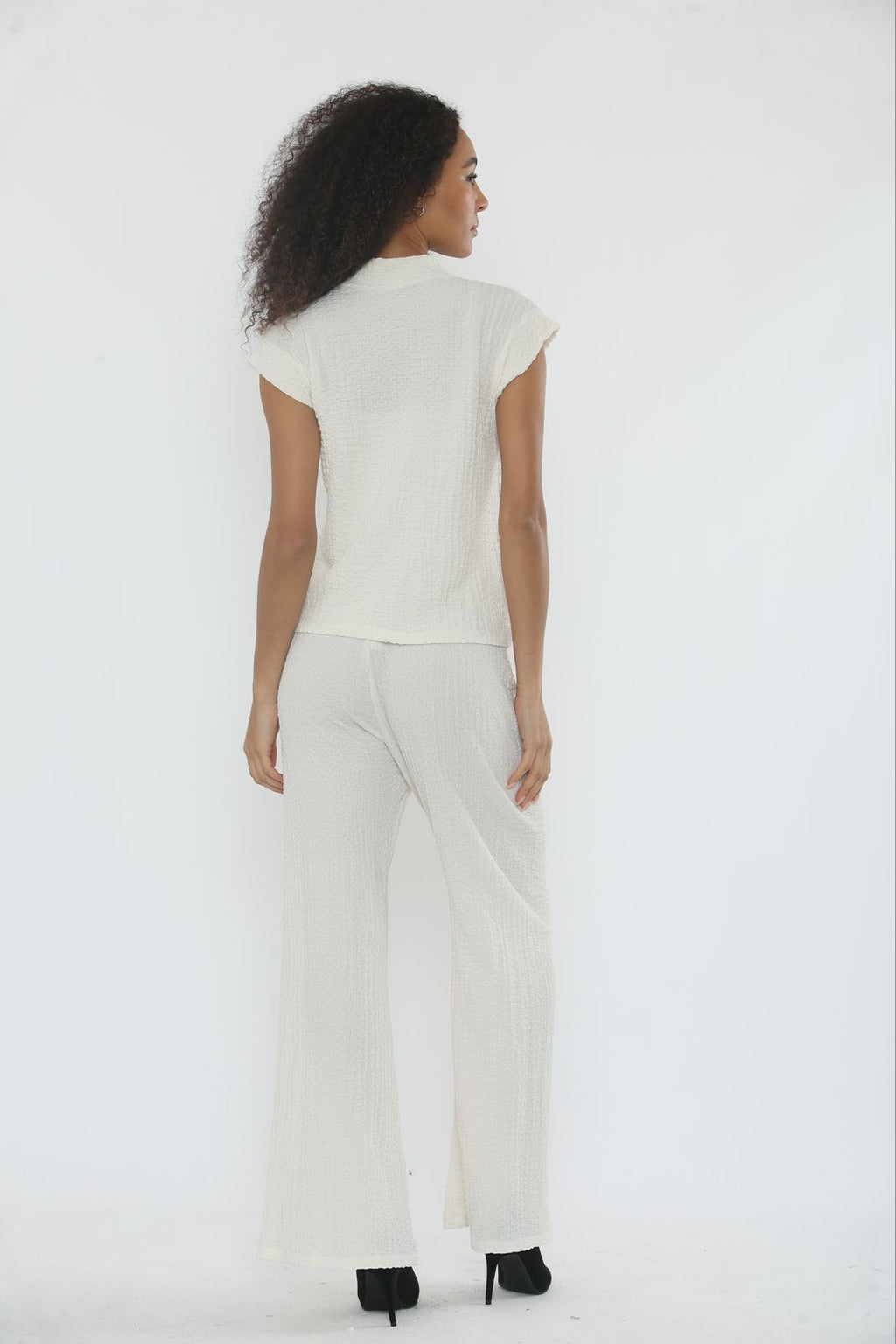 V-Neck Cheesecloth Gold Button Top & Wide Leg Trouser Co-Ord Suit