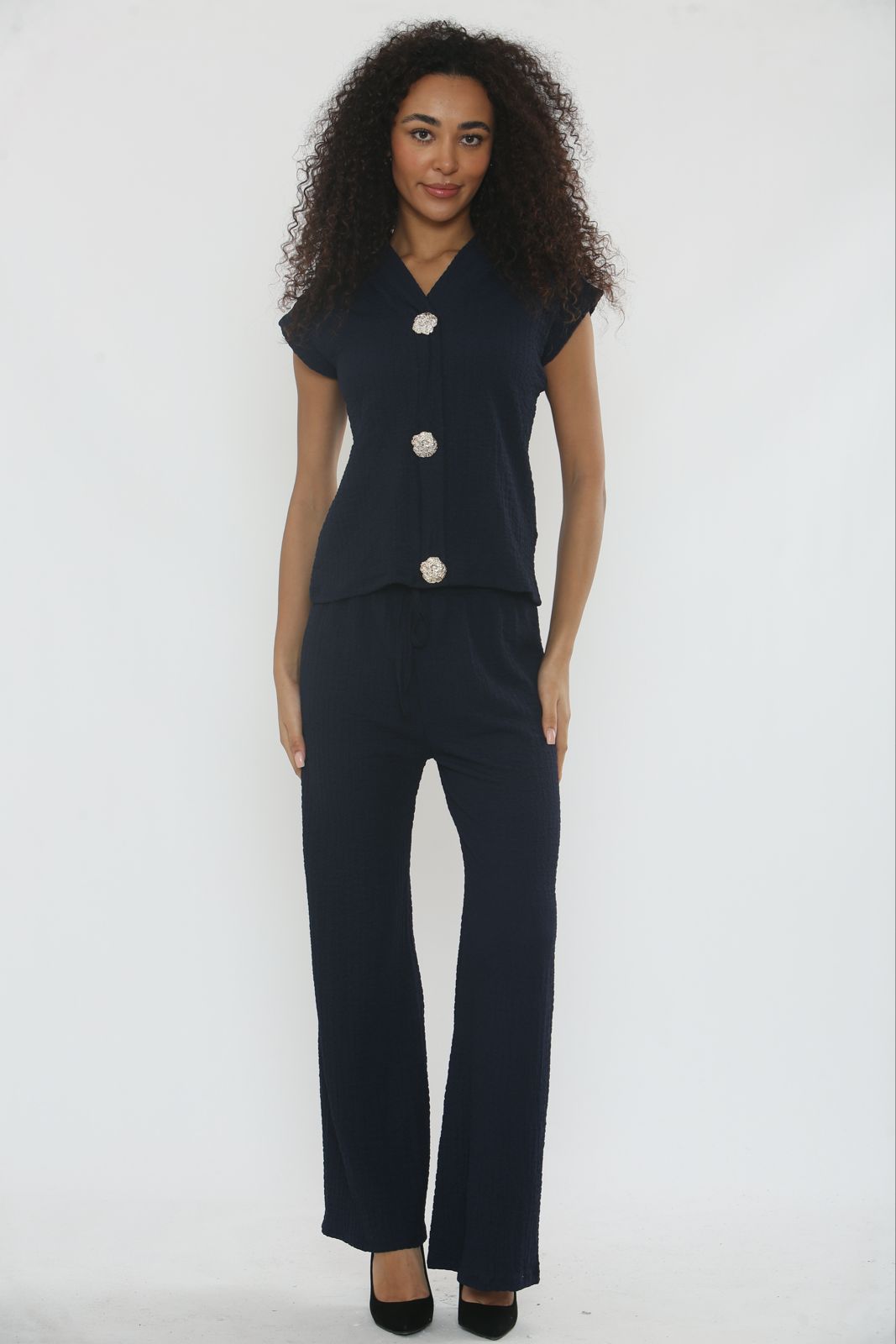 V-Neck Cheesecloth Gold Button Top & Wide Leg Trouser Co-Ord Suit