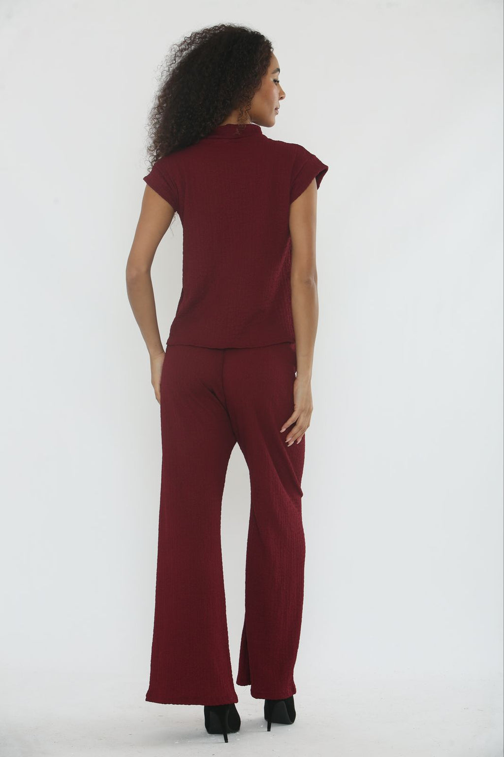 V-Neck Cheesecloth Gold Button Top & Wide Leg Trouser Co-Ord Suit