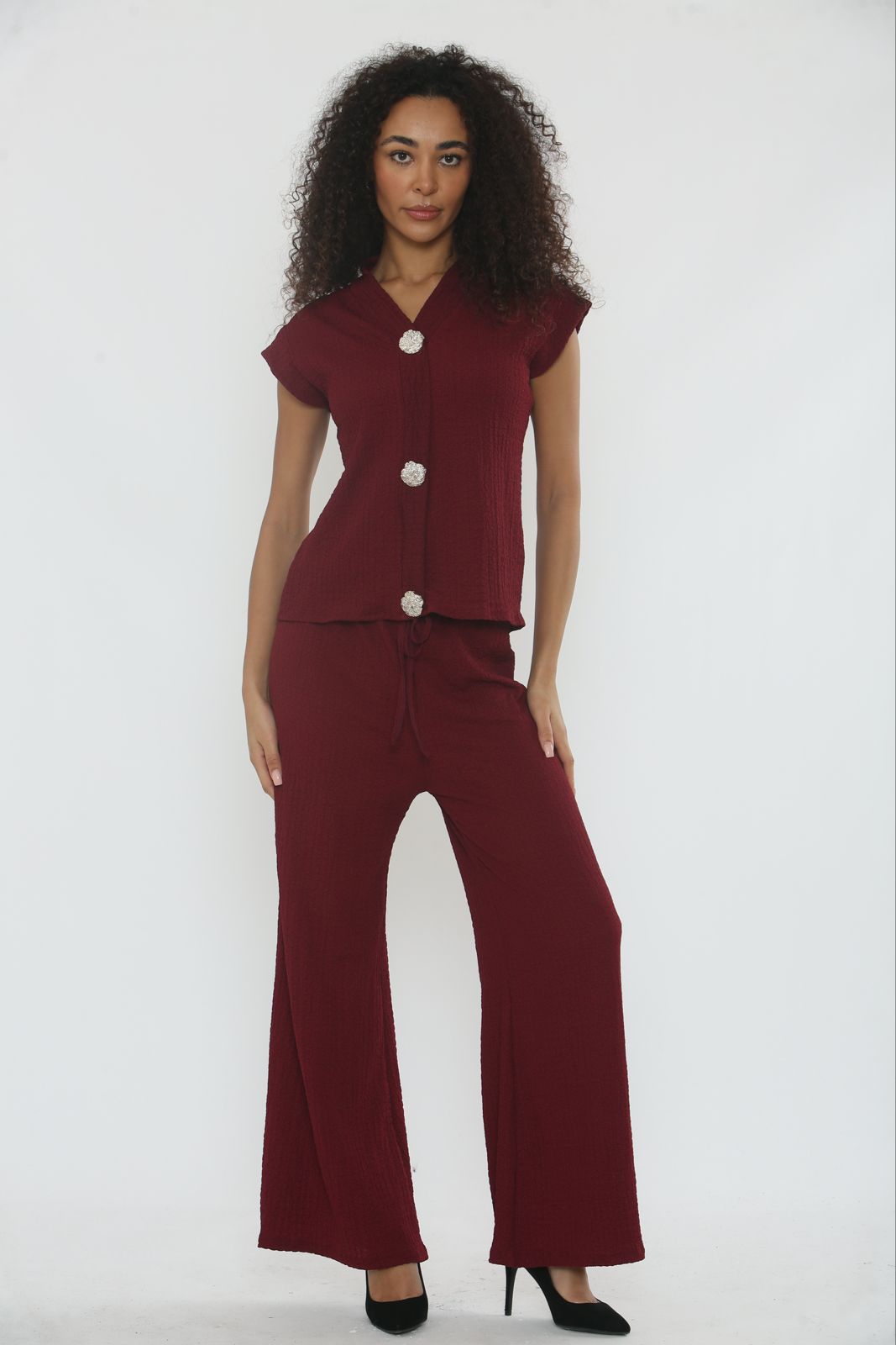 V-Neck Cheesecloth Gold Button Top & Wide Leg Trouser Co-Ord Suit
