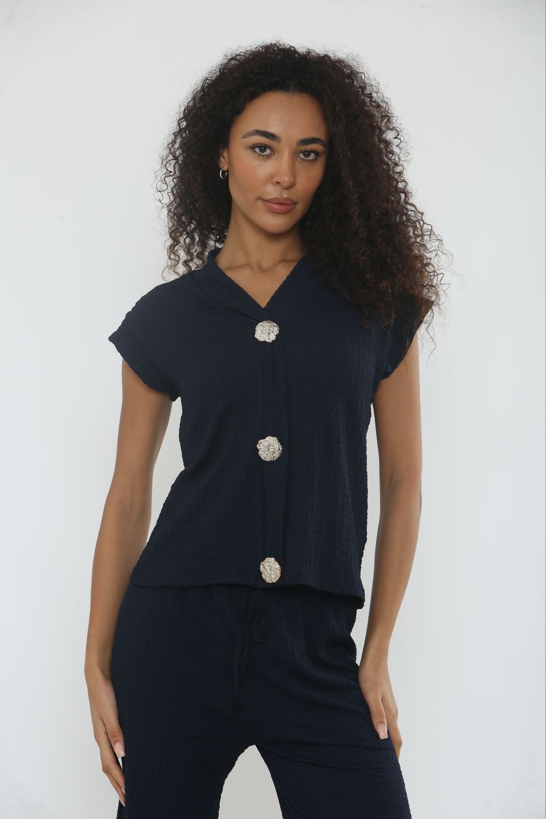 V-Neck Cheesecloth Gold Button Top & Wide Leg Trouser Co-Ord Suit