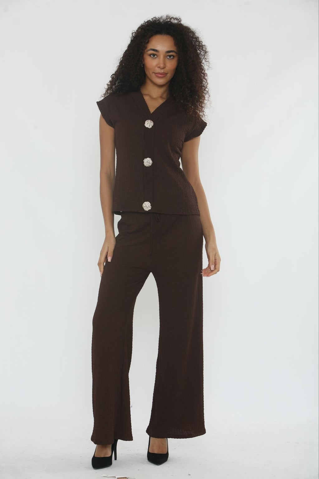 V-Neck Cheesecloth Gold Button Top & Wide Leg Trouser Co-Ord Suit