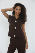 V-Neck Cheesecloth Gold Button Top & Wide Leg Trouser Co-Ord Suit
