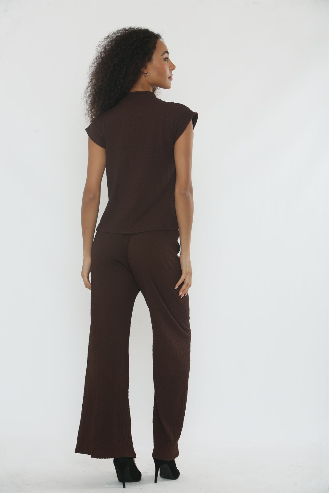 V-Neck Cheesecloth Gold Button Top & Wide Leg Trouser Co-Ord Suit