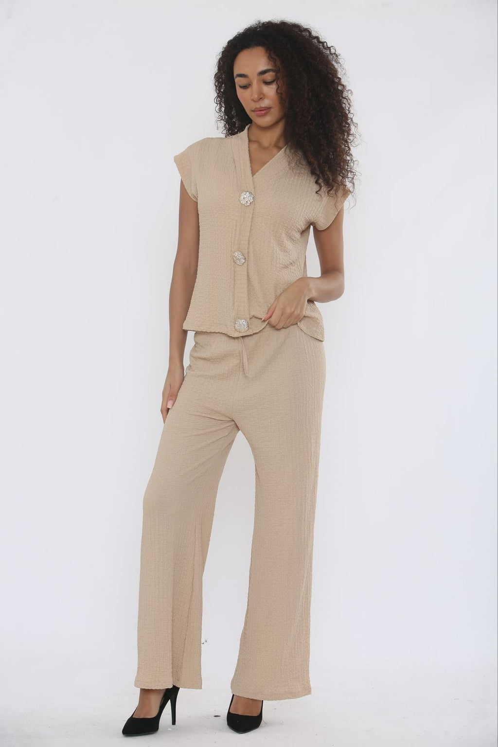 V-Neck Cheesecloth Gold Button Top & Wide Leg Trouser Co-Ord Suit