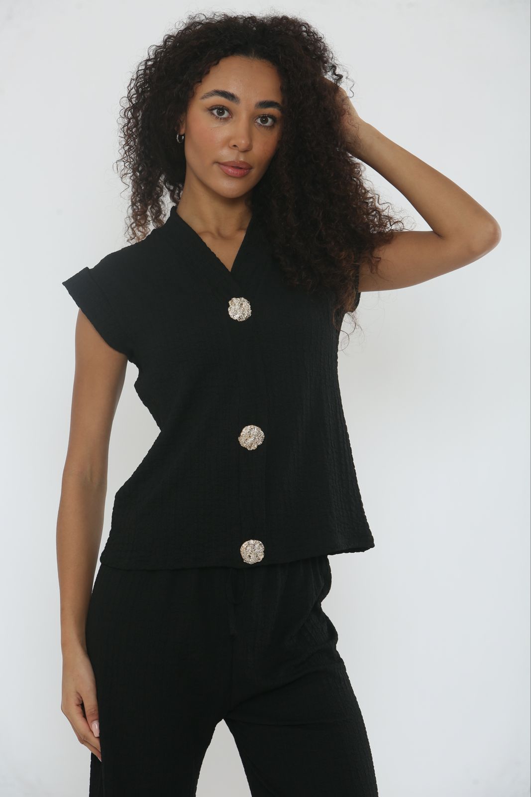 V-Neck Cheesecloth Gold Button Top & Wide Leg Trouser Co-Ord Suit