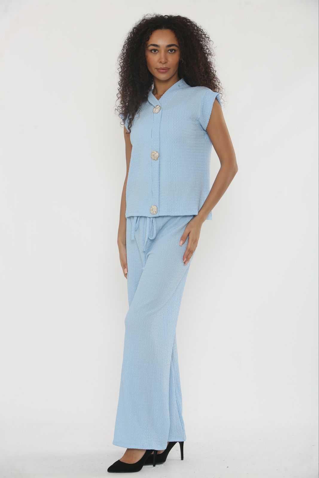V-Neck Cheesecloth Gold Button Top & Wide Leg Trouser Co-Ord Suit