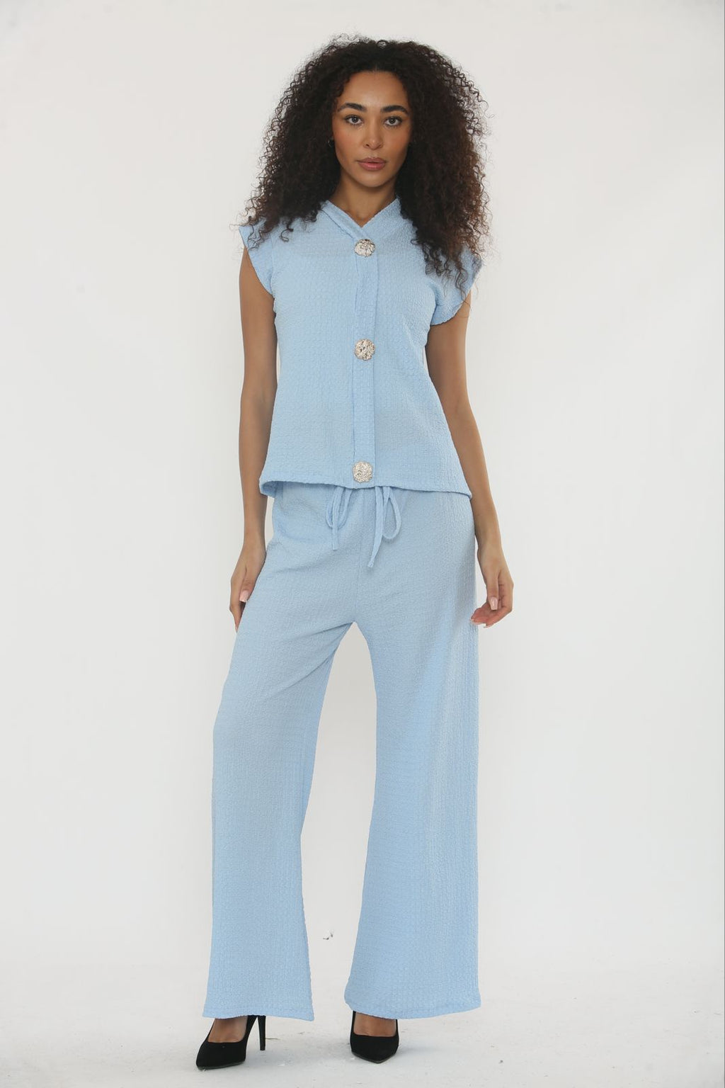 V-Neck Cheesecloth Gold Button Top & Wide Leg Trouser Co-Ord Suit