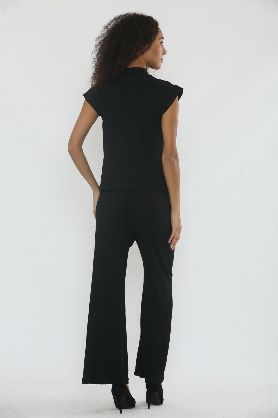 V-Neck Cheesecloth Gold Button Top & Wide Leg Trouser Co-Ord Suit