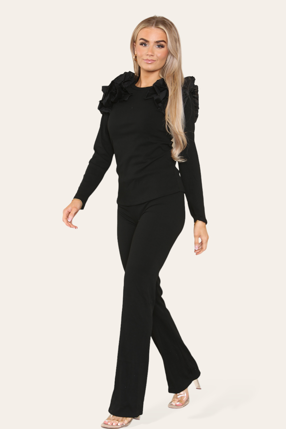 Ruffle Frill Shoulder Ribbed Loungewear Co-Ord Top & Trouser Set