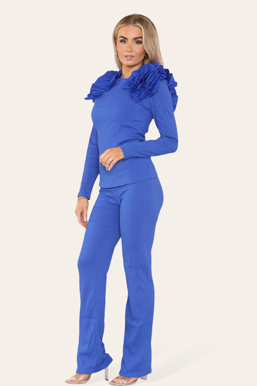 Ruffle Frill Shoulder Ribbed Loungewear Co-Ord Top & Trouser Set