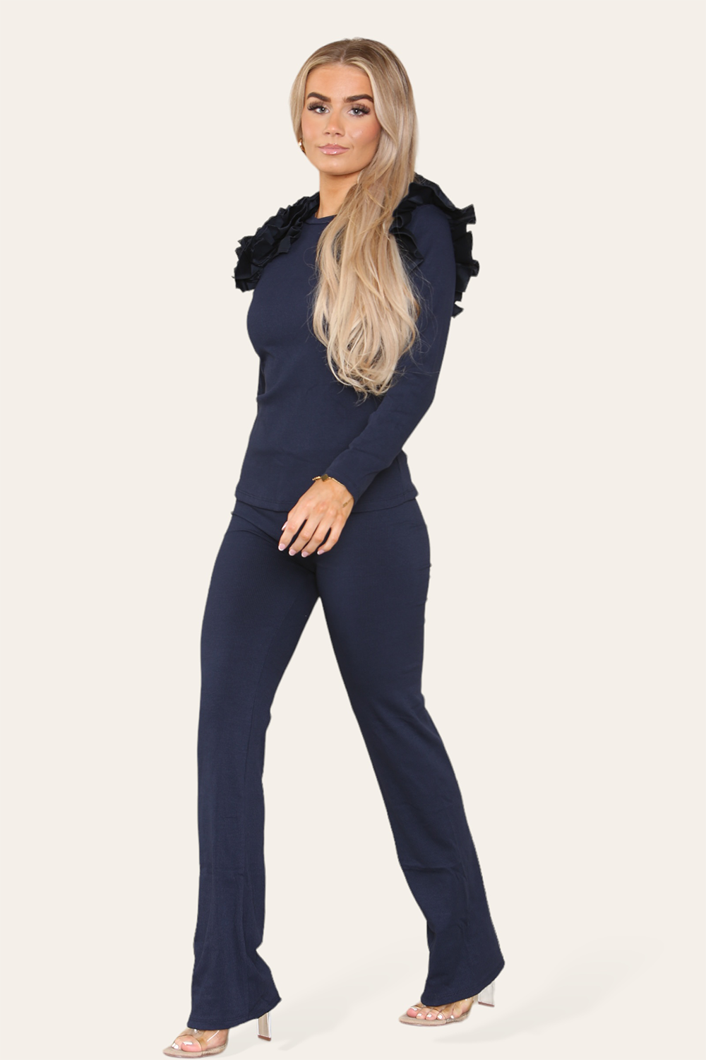 Ruffle Frill Shoulder Ribbed Loungewear Co-Ord Top & Trouser Set