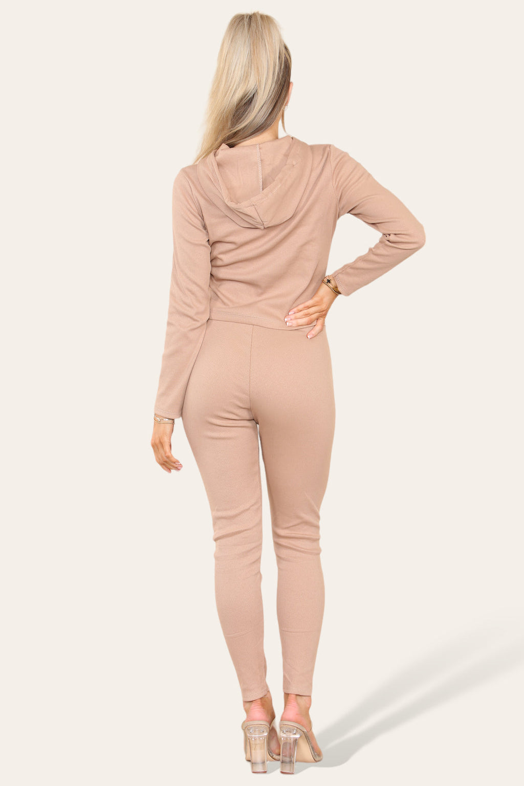 Front Pocket Zip Suit Ribbed Hooded Lounge Wear Set