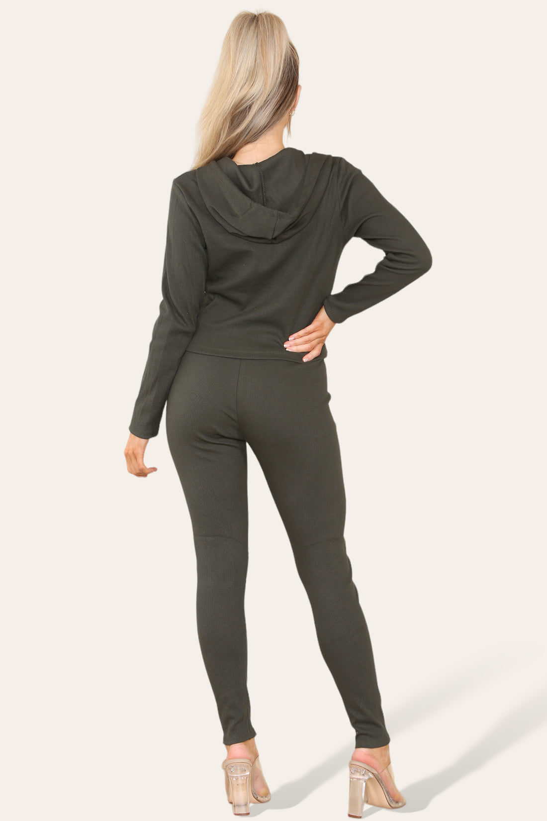 Front Pocket Zip Suit Ribbed Hooded Lounge Wear Set