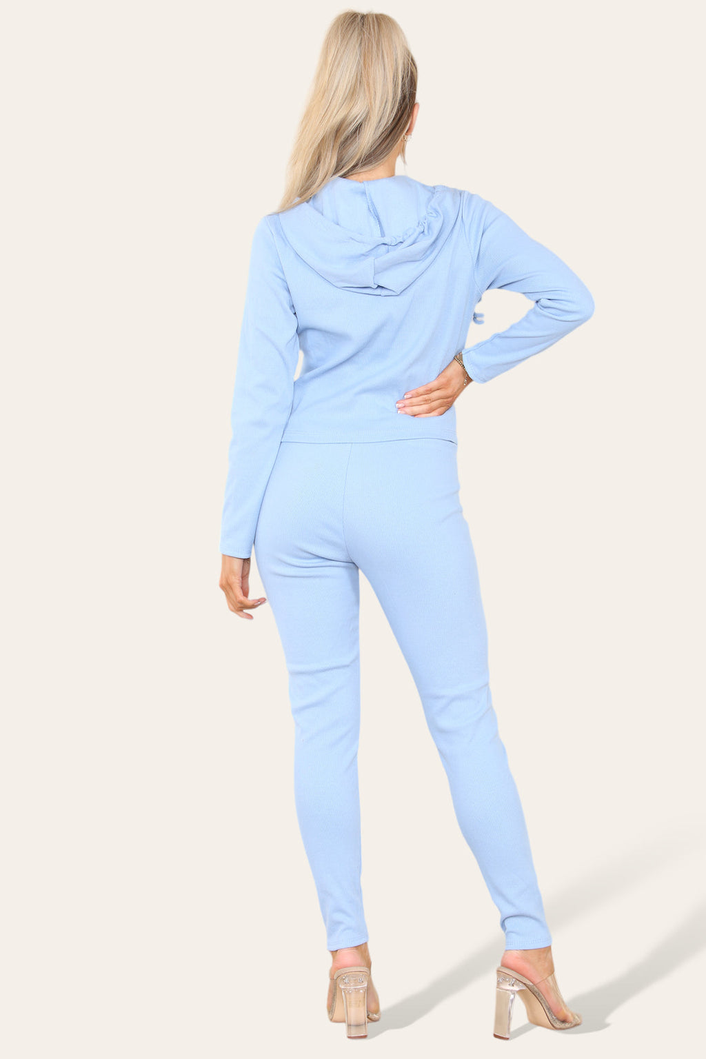 Front Pocket Zip Suit Ribbed Hooded Lounge Wear Set