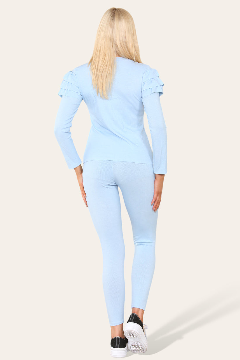 Frilled Sleeves Set Shoulder Golden Button Lounge Wear Suit