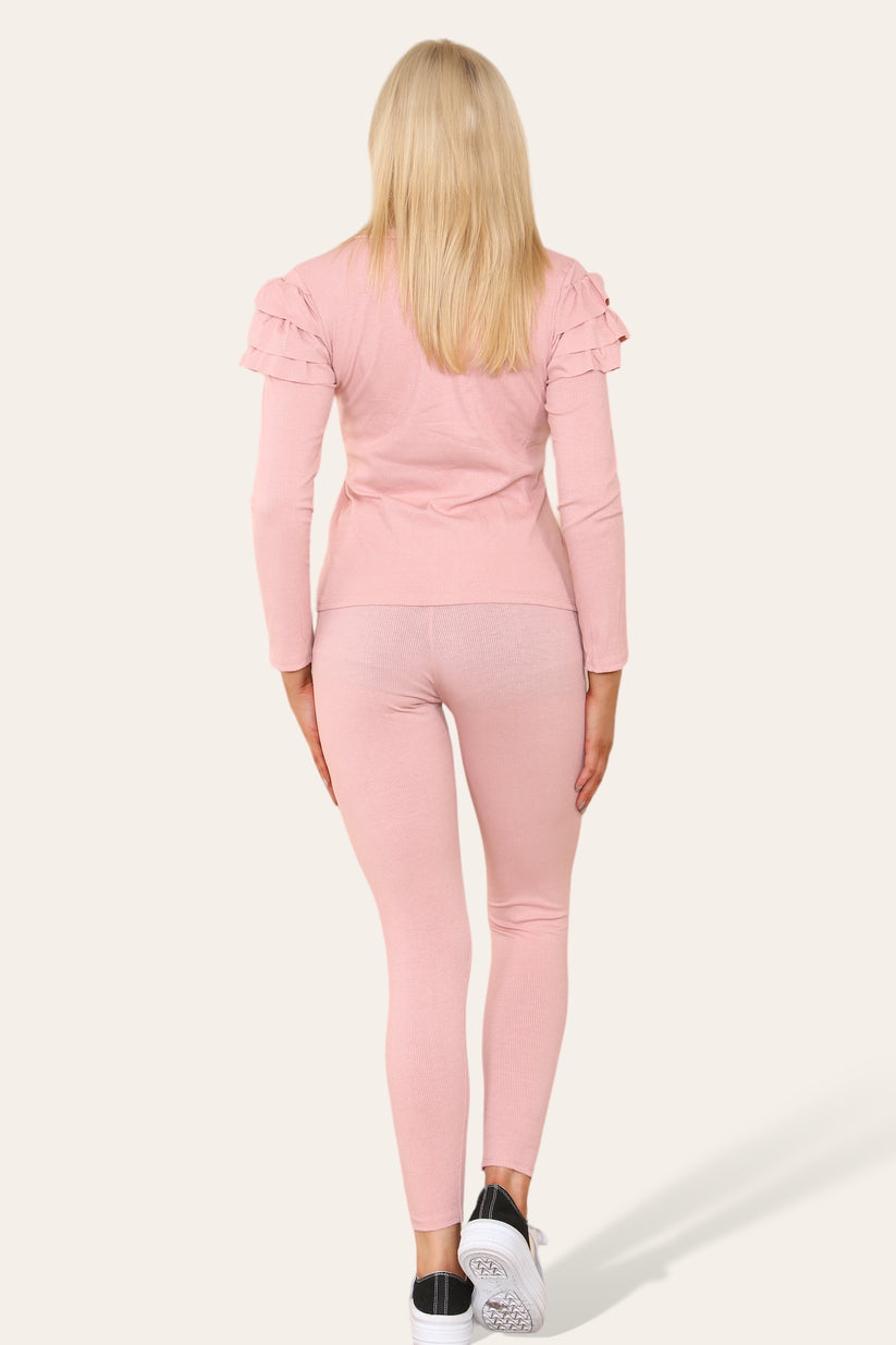 Frilled Sleeves Set Shoulder Golden Button Lounge Wear Suit