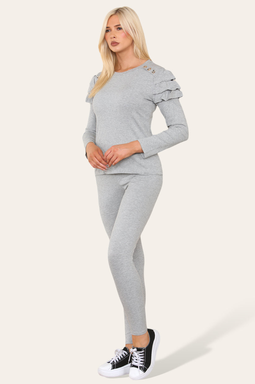 Frilled Sleeves Set Shoulder Golden Button Lounge Wear Suit