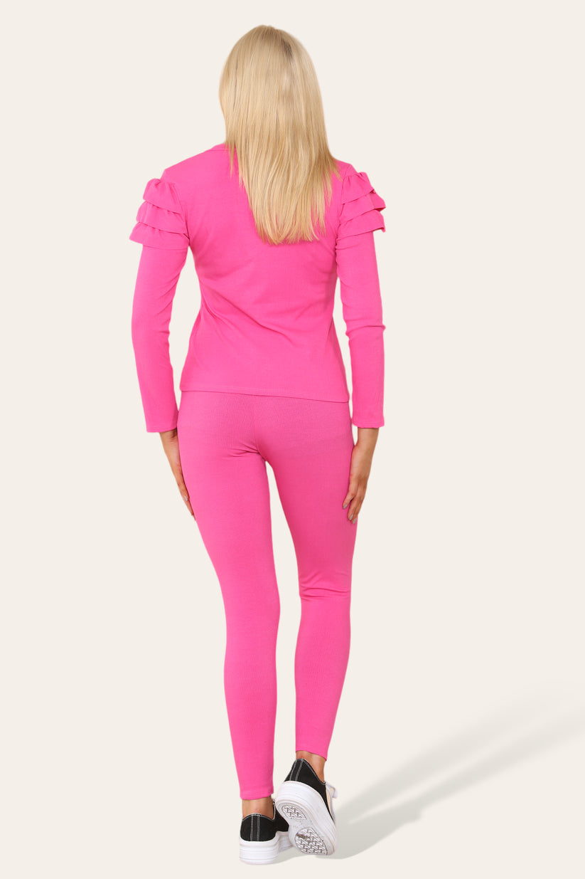 Frilled Sleeves Set Shoulder Golden Button Lounge Wear Suit