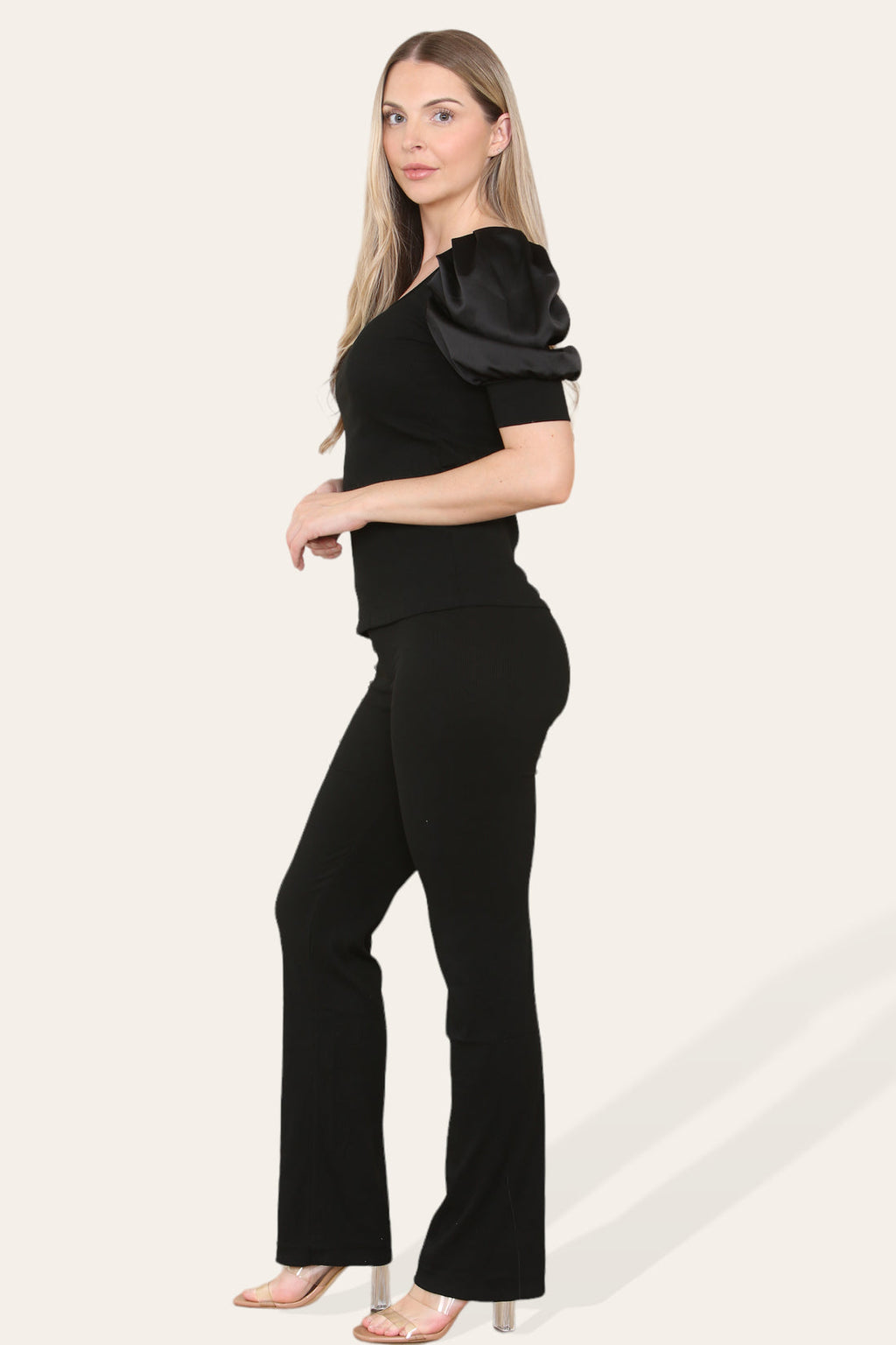 Silky Satin Puff Sleeves Ribbed Lounge Set