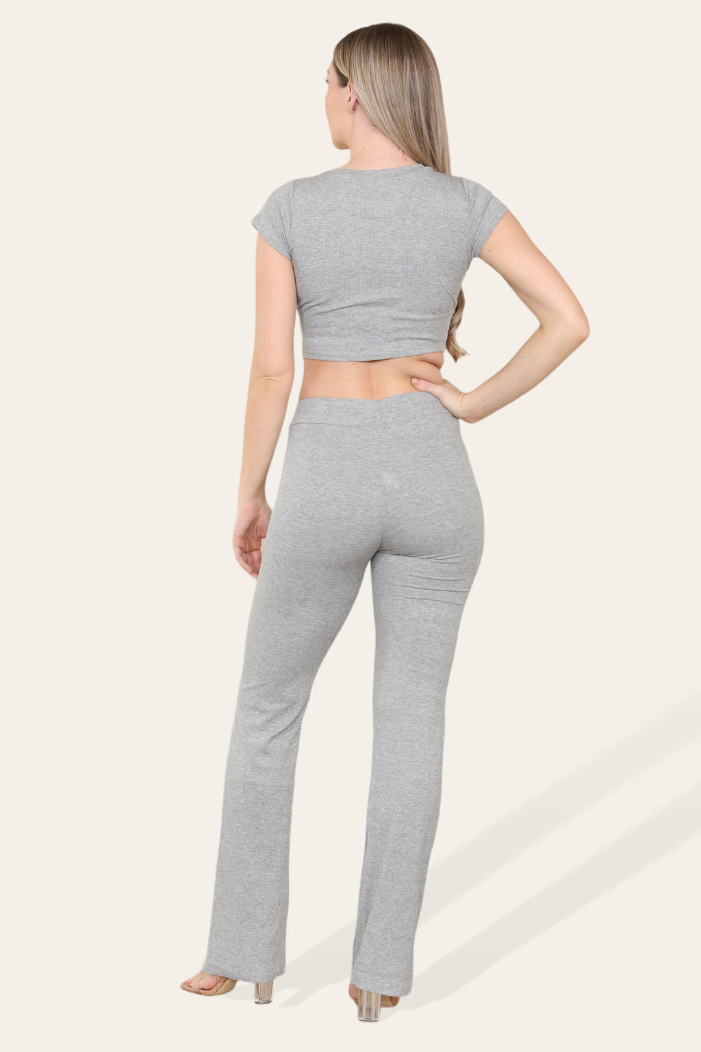 Tie Belt Front Cropped Loungewear Ribbed Trousers Set