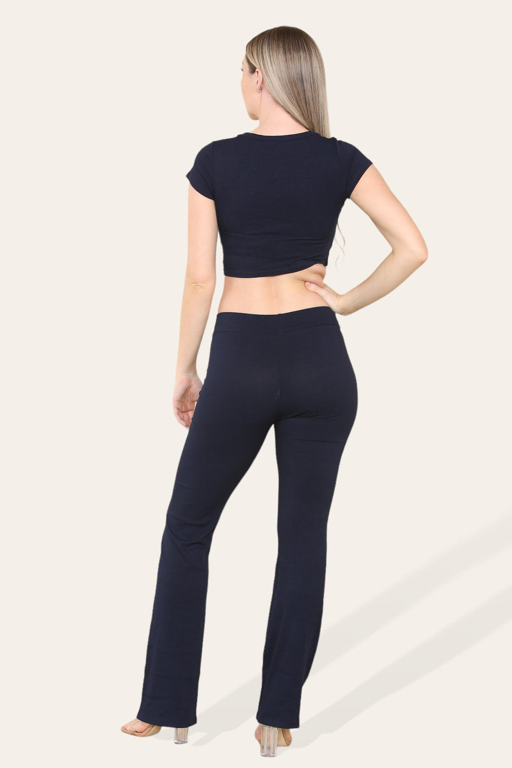 Tie Belt Front Cropped Loungewear Ribbed Trousers Set