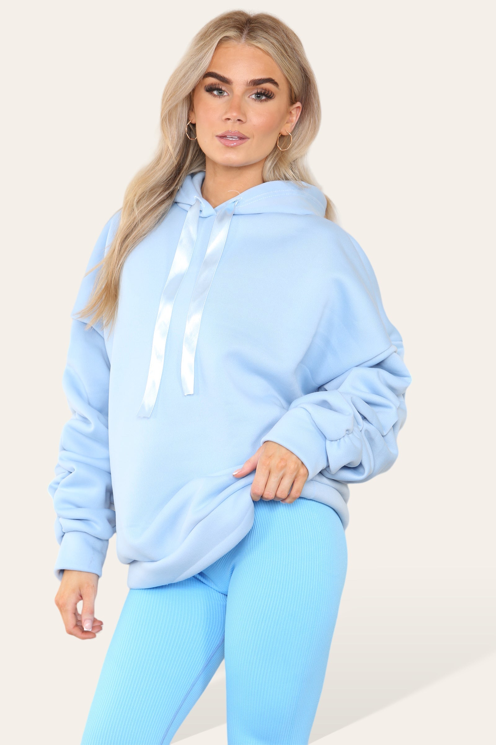 Oversized Ruched Sleeves Hoodie With Satin Ribbon with High Waist High Rise Seamless Ribbed Legging Set